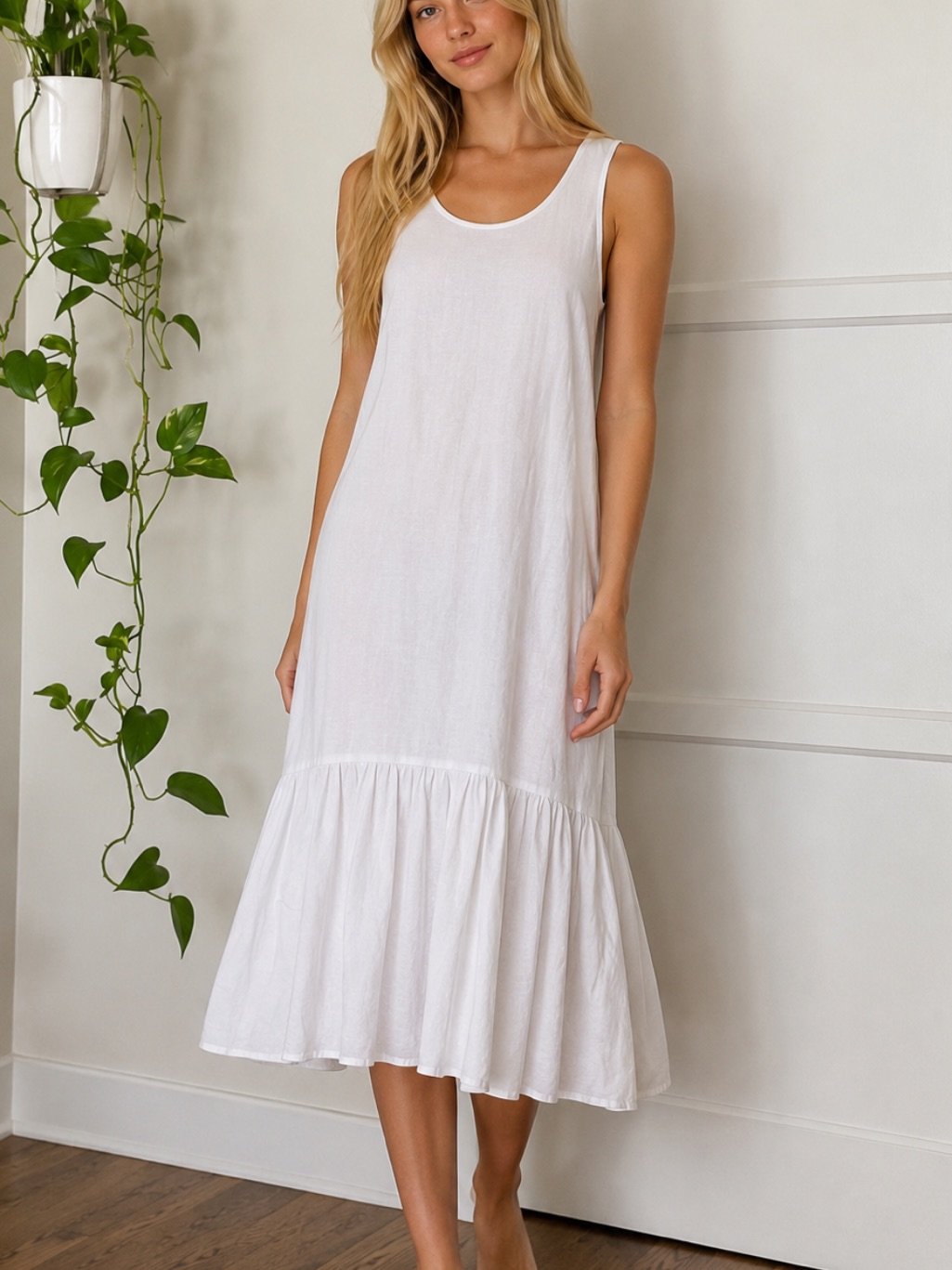 Polo Ralph Lauren White Linen Ruffle Hem Midi Dress Size Small 8620